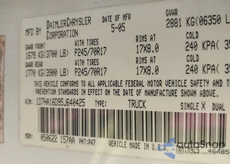 2005 Dodge Ram 1500 Slt/Laramie из США, поврежденный, VIN 1D7HA16D95J640425